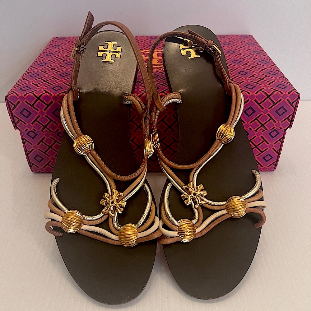 Tory Burch Capri Sandal 10 Mocha brown/toasted bark/gold